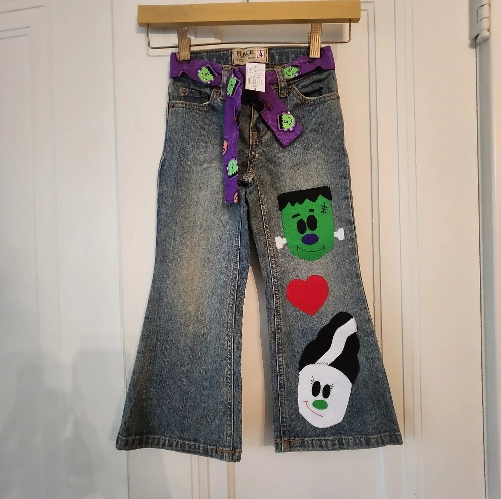 CHILDREN'S PLACE HALLOWEEN GIRL'S FALL JEANS FRANKENSTEIN FLARE DENIM S…